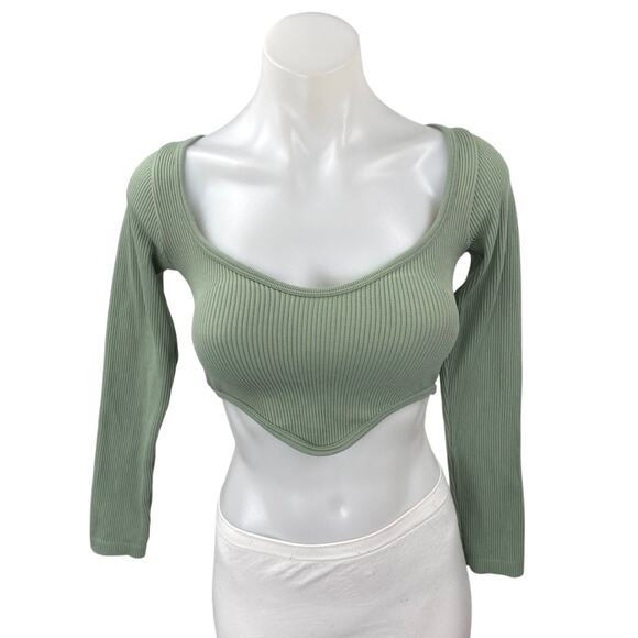 Zara Women's Green Rib Knit Long Sleeve Sweetheart Neck Crop Sweater Top XS/S - Picture 1 of 4
